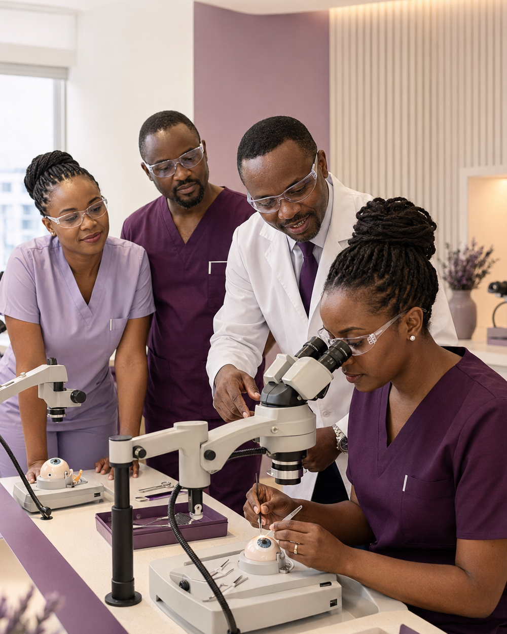 Professionnels africains participant à un entraînement pratique en ophtalmologie