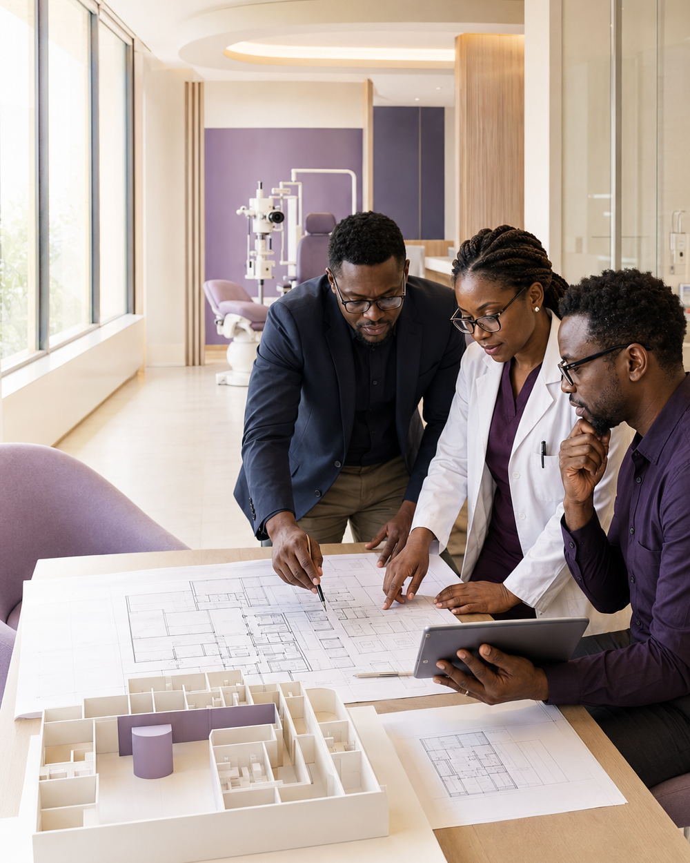 Équipe africaine concevant l’organisation d’un centre ophtalmologique moderne