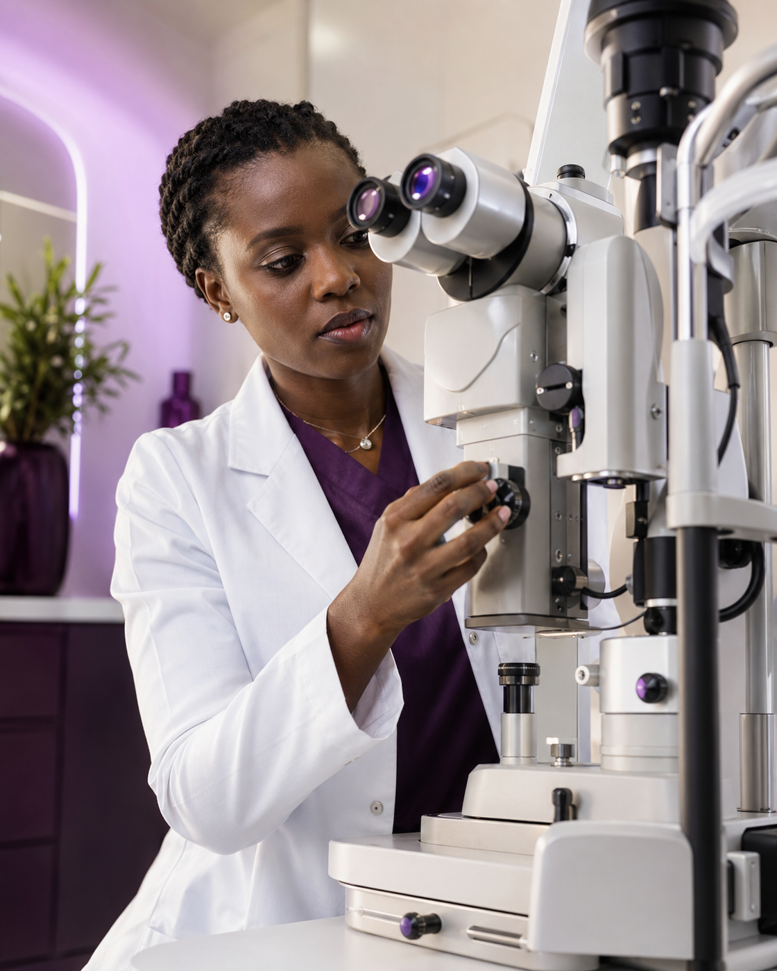 Professionnel africain réglant un équipement de diagnostic ophtalmologique